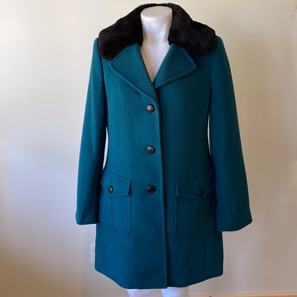 Talbots Teal Wool Blend Coat Faux Fur Collar - Picture 1 of 11